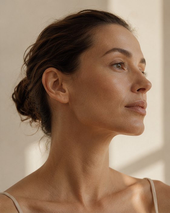 Perfil sereno de uma mulher em luz natural suave.