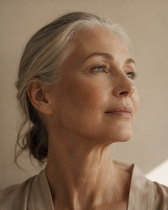Retrato de uma mulher madura e serena em luz quente.